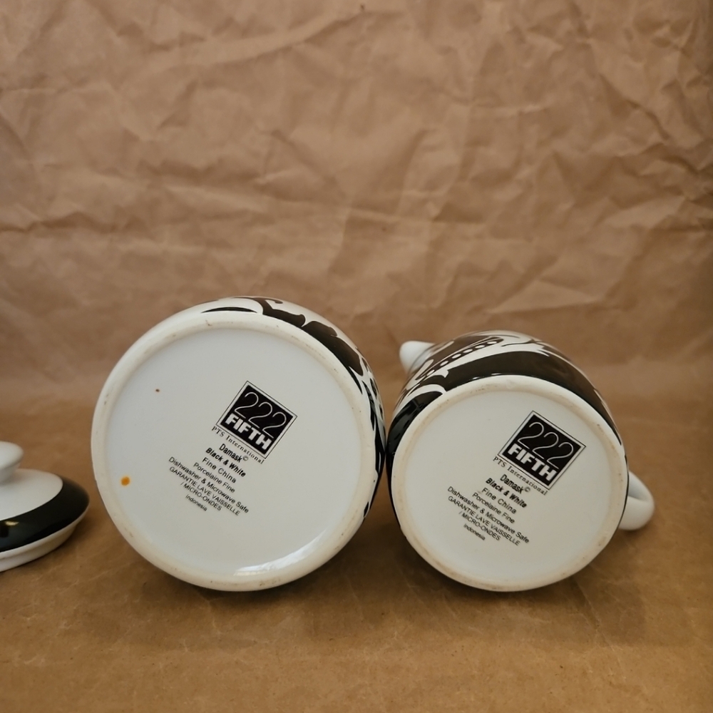 Set 222 Fifth Black & White DAMASK Black ART DECO Stoneware Cream And Sugar - Picture 6 of 7